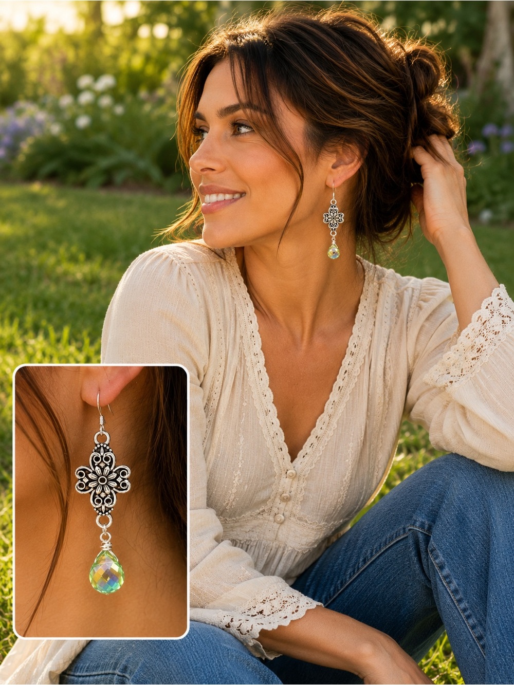 Hand Crafted Silver Filigree Cross Drop Earrings with Yellow-Green Crystal